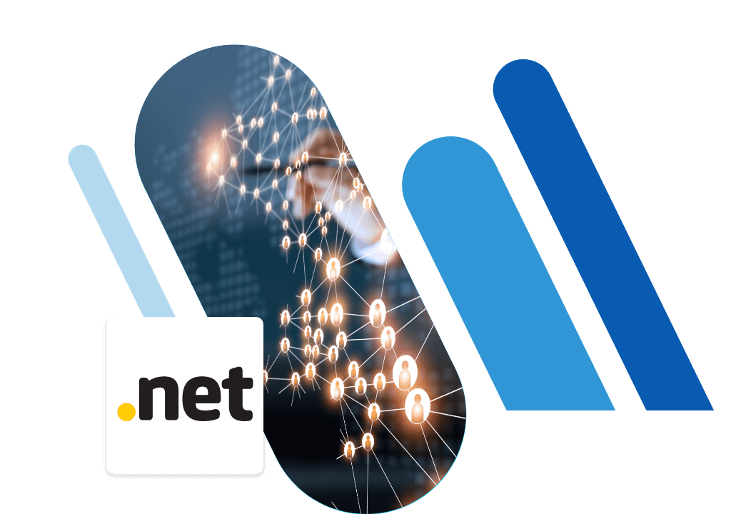 Logo del dominio .net e punti luminosi collegati tra loro; barre blu
