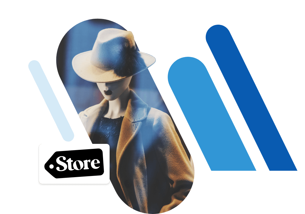 Schaufensterpuppe mit Hut und .store Logo