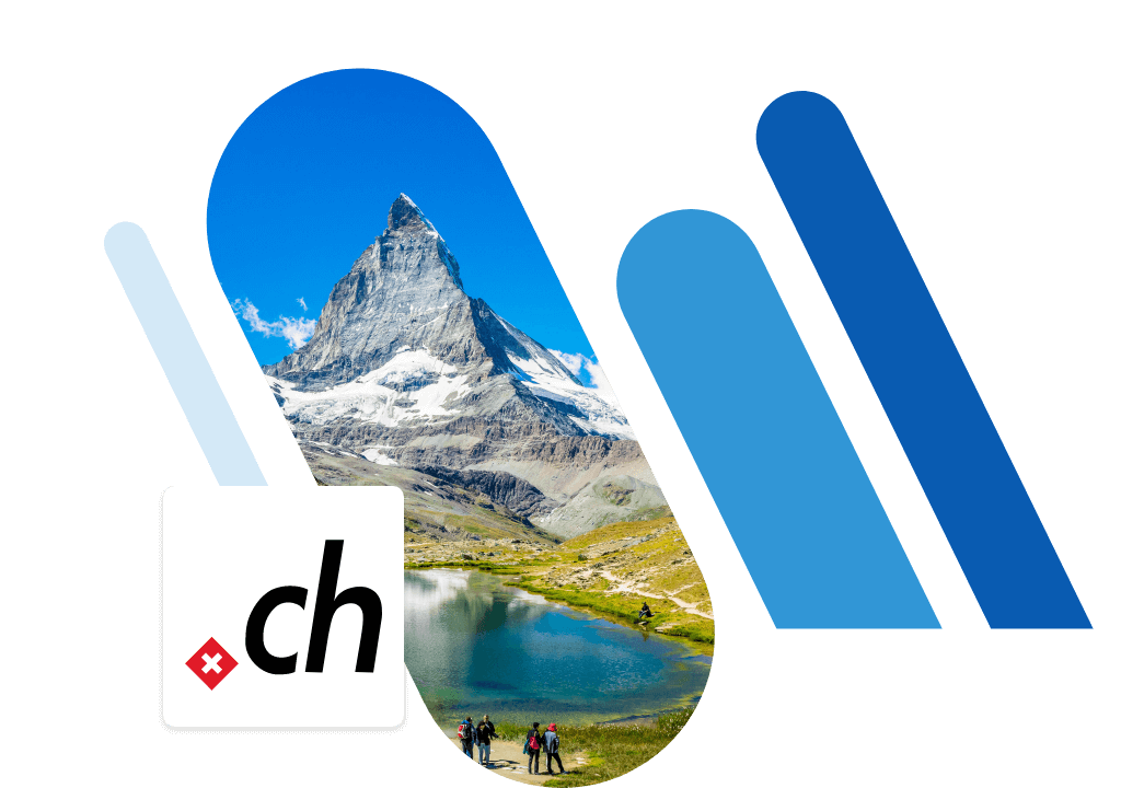 Logo de l'extension de domaine .ch avec une image représentant une montagne et un lac en arrière-plan