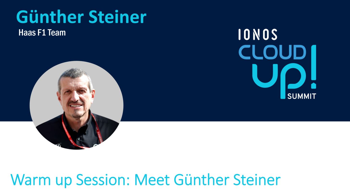 Guenther Steiner im Profil; Text: Warm up Seddion: Meet Guenther Steiner Haas F1 Team. IONOS Cloud Up Summit