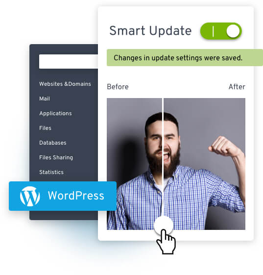 Collage: WordPress Logo; Dashboard mit Schrift Smart Update, Changes in update settings were saved; Mann mit Bart