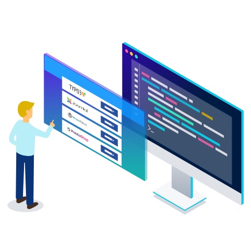 Grafische Darstellung: Mensch, der Content Management Systeme installiert