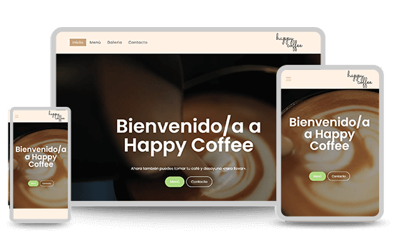 ejemplo de página web en tres dispositivos diferentes para una cafetería