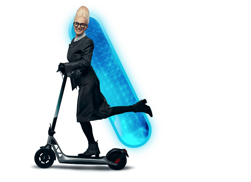A short woman dressed in black on an e-scooter