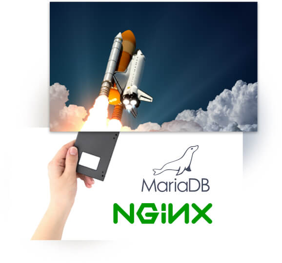 Collage: Rakete; Hand; MariaDB NGINX Logo