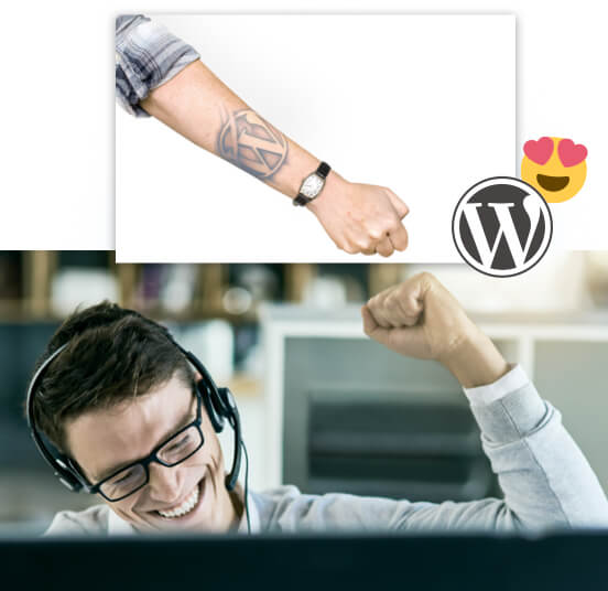 Collage: Mann mit Headset, der Faust in die Luft streckt; Arm mit tatöwierten WordPress Logo; WordPress Logo mit Smiley mit Herzchen-Augen