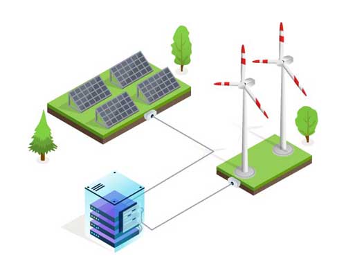 Représentation graphique : éoliennes et champ solaire fournissant de l'énergie au centre de données