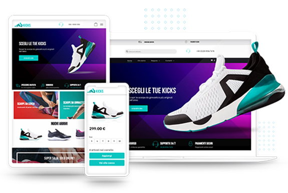 Immagine di un sito web di scarpe sportive presentato in 3 formati diversi. In primo piano è rappresentata una scarpa da ginnastica colorata