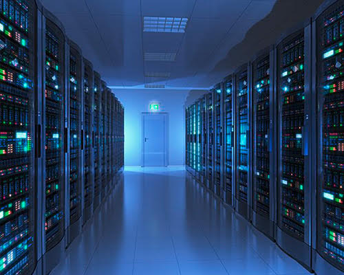 Data centre with blue lights 