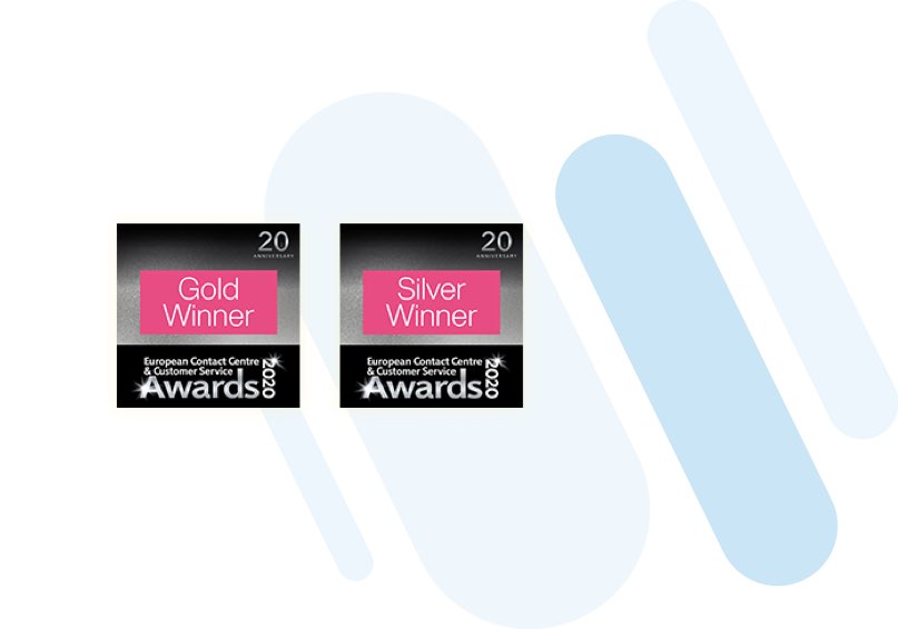 Awards badges: Gold Winner and Silver Winner at the European Contact Centre and Customer Service Awards 2020