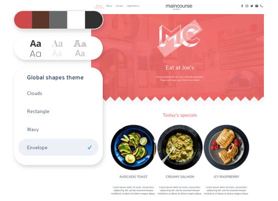A MyWebsite Now template being edited to create a restaurant website