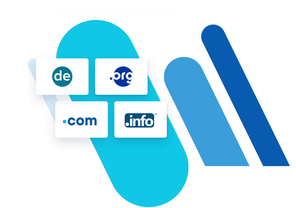 Blaue Balken mit Domain Icons von TLDs .de, .org, .com und .info