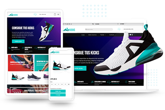 Imagen de una página web de calzado deportivo presentada en 3 formatos diferentes. En primer plano aparece una zapatilla de deporte de colores