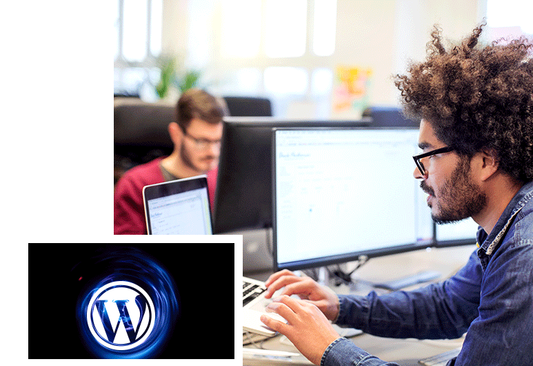 Animierte Darstellung: WordPress Logo; 2 männliche Personen, die an Computern arbeiten