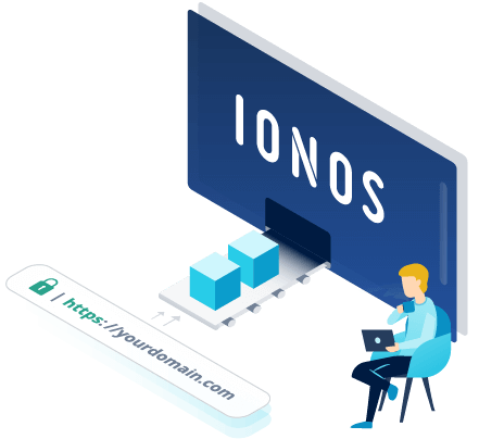 Display grafico: Logo di trasferimento del dominio di IONOS; Persona seduta su una sedia con un tablet 