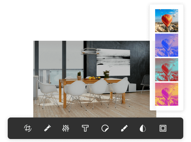 Illustration graphique de la manière d'ajuster les couleurs sur MonSiteWeb et de mettre des filtres sur les visuels ; exemple d'image : un salon