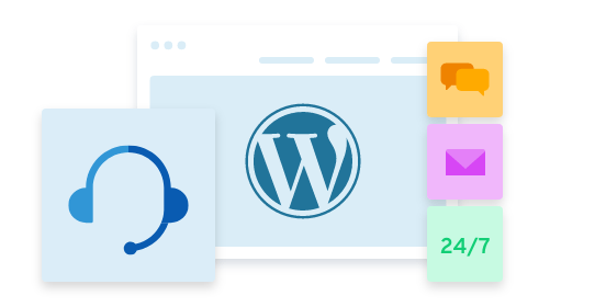 Visuel représentant l'assistance 24/7 joignable par téléphone, email et chat, avec le logo WordPress