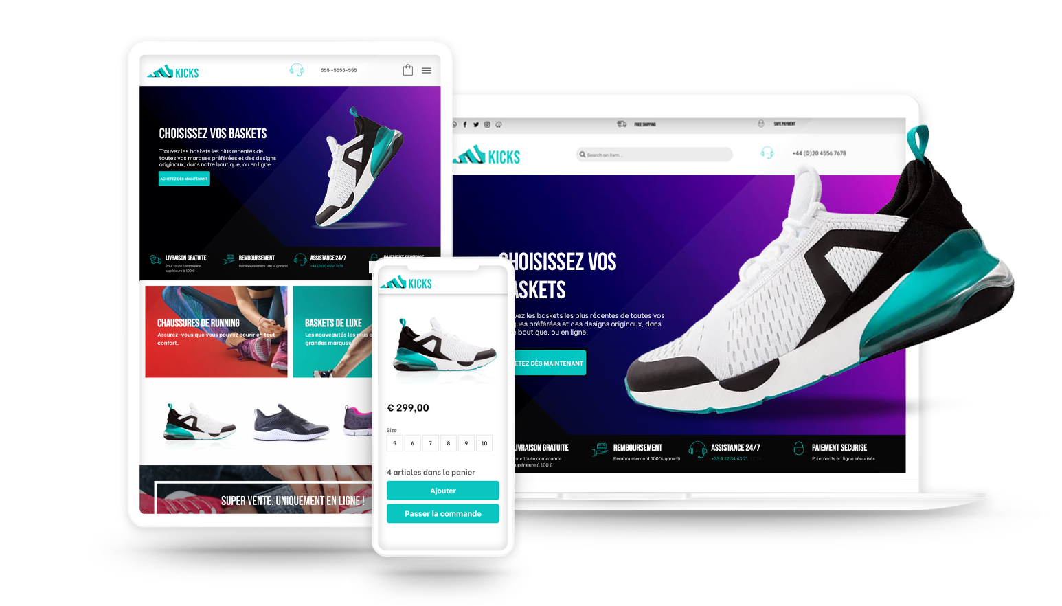 Image d'un site Web de chaussures de sport présenté dans 3 formats différents avec une basket colorée au premier plan