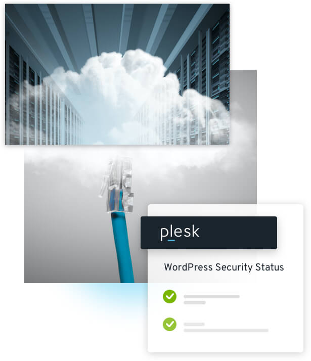 Serverrack mit Wolken, Dashboard plesk WordPress Security Status
