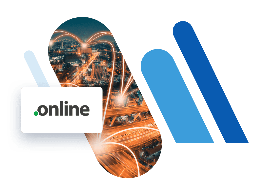 .online Domain Logo und Straßennetz bei Nacht; blaue Balken